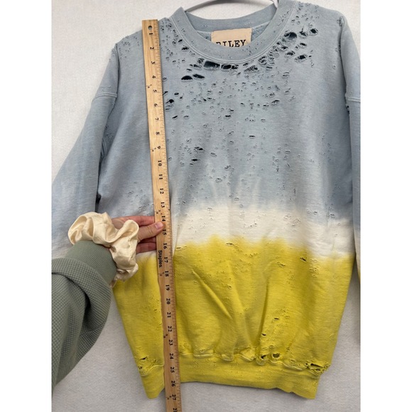 RILEY Distressed Tie Dye Sweatshirt Light Blue Yellow White Pullover Top M - Picture 4 of 6